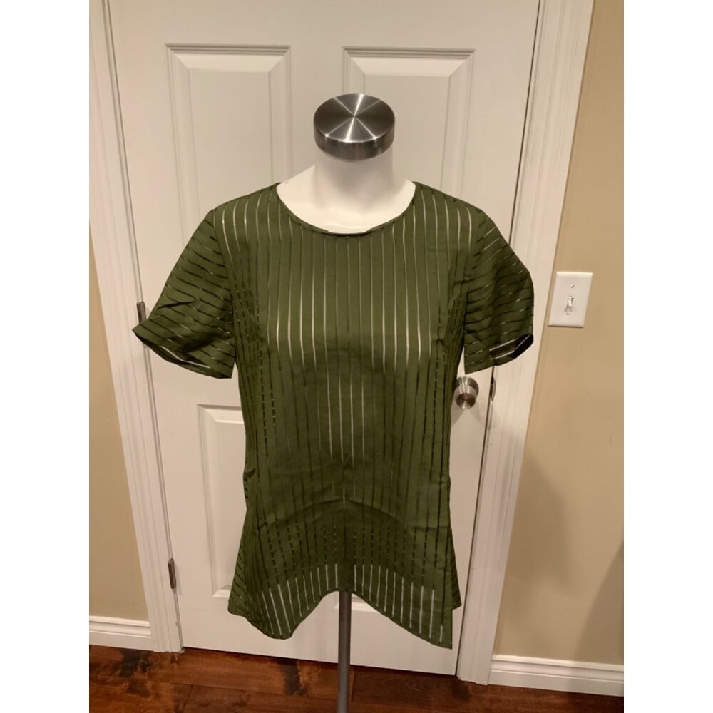 J. Crew Green & Sheer Black Striped Boxy Short Sleeve Top, Size 6